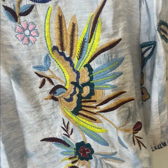 John•Mark Sz Small Embroidered Blue and White 3/4 Sleeve Boho Blouse - Picture 1 of 12